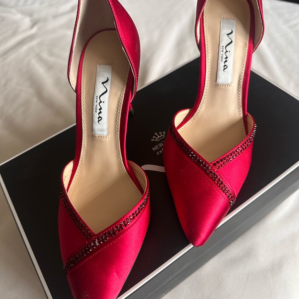Nina Red Satin Heels with Crystal Trim